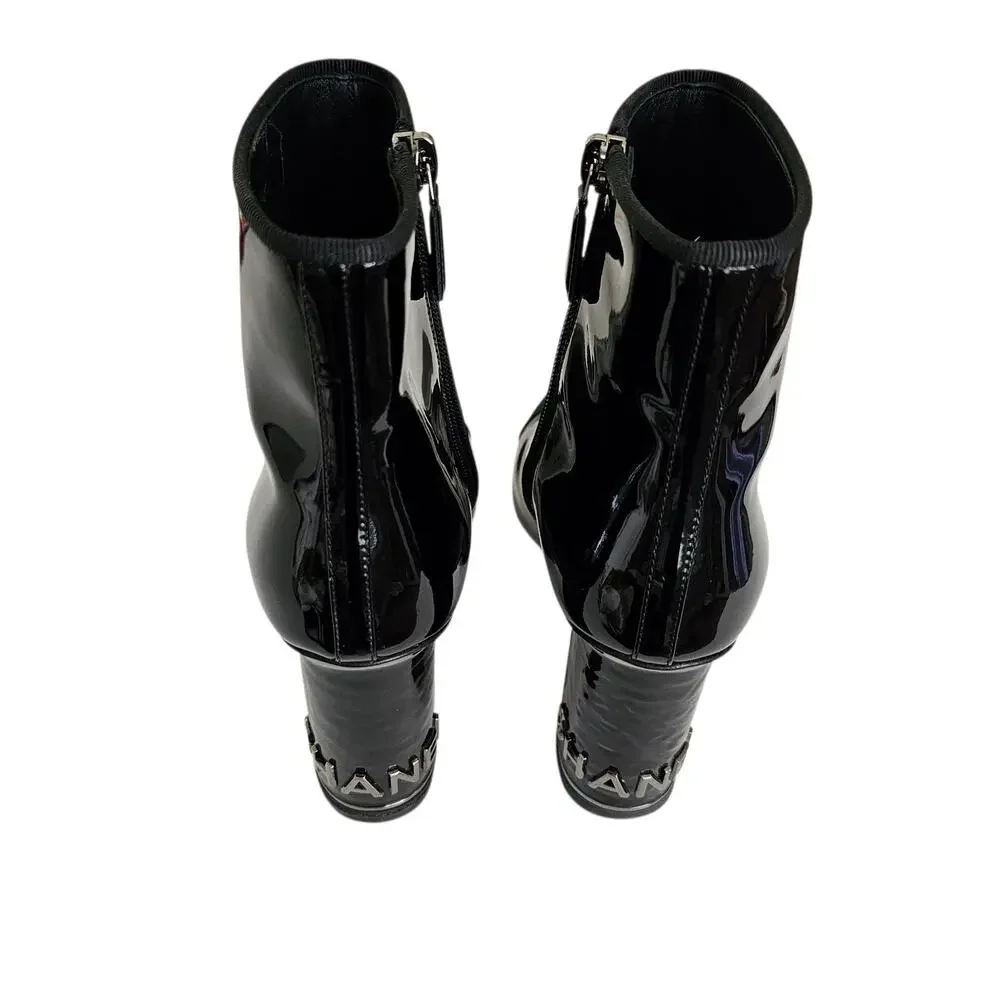 Chanel CC Cap Toe Logo Ankle Heel Boot Size 37.5 US 6.5 7 Black Patent Leather